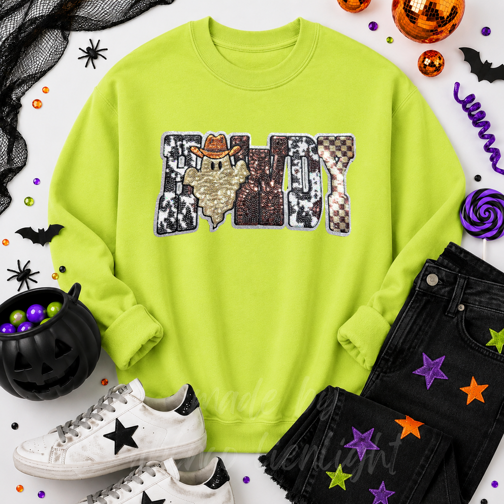 Cow Print Ghost Howdy Halloween Sequin Patch Sweatshirt