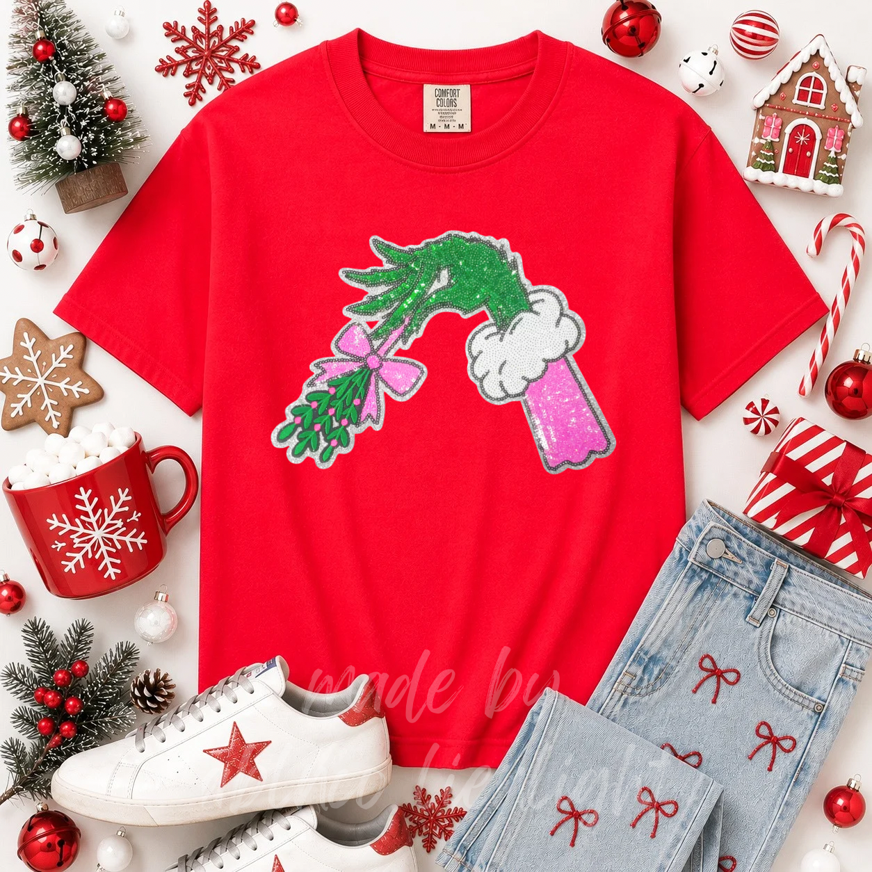 Grinch Hand Mistletoe Christmas Sequin Patch Tshirt
