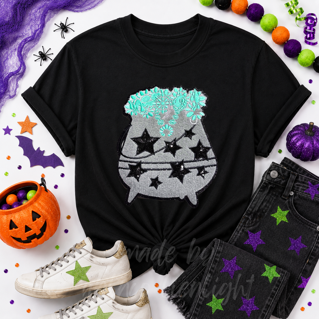 Turquoise Cauldron Halloween Sequin Patch Tshirt