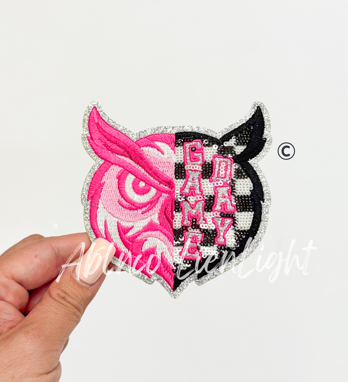 Preppy Pink Checkered Owl Mascot Game Day Sequin Patch - Small