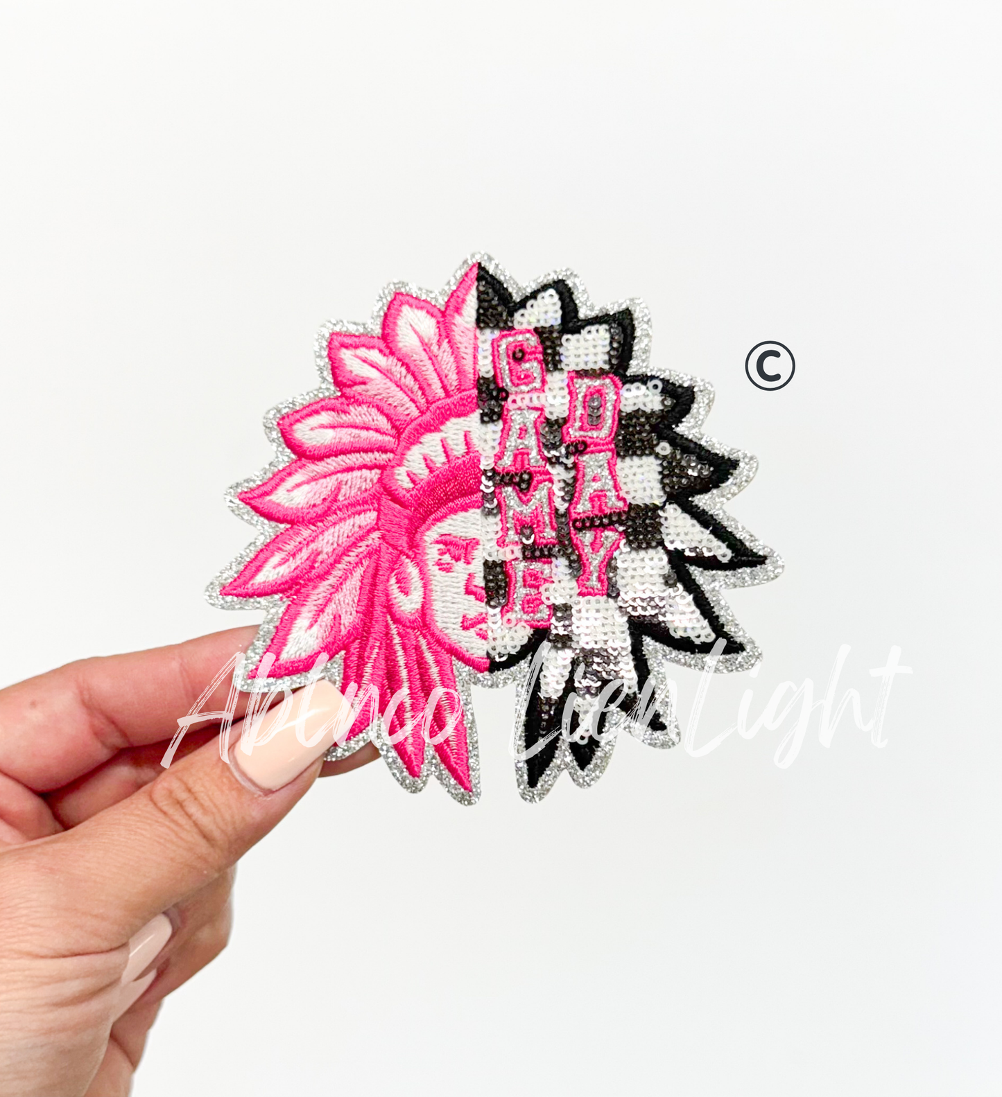 Preppy Pink Checkered Indian Warrior Mascot Game Day Sequin Patch - Small
