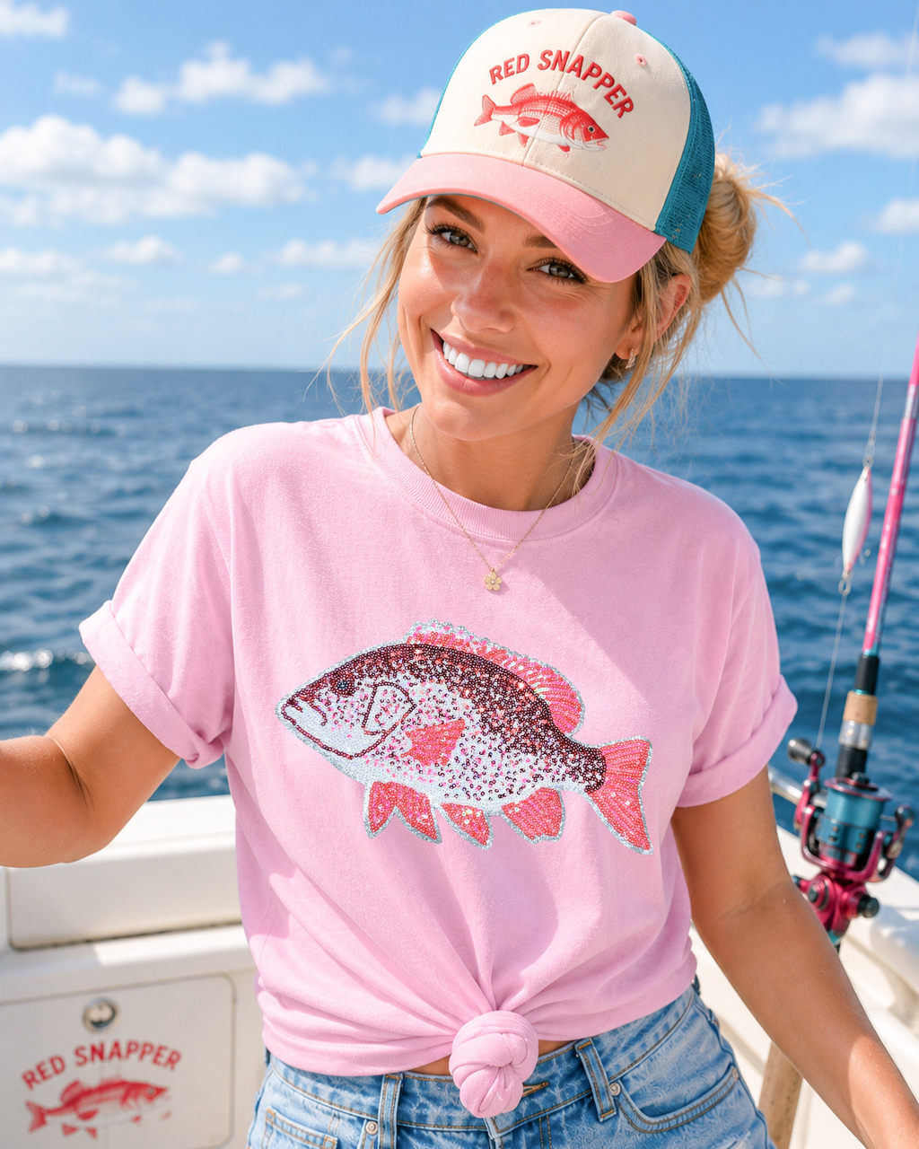 Red Snapper Fish Summer Sequin Patch Tshirt