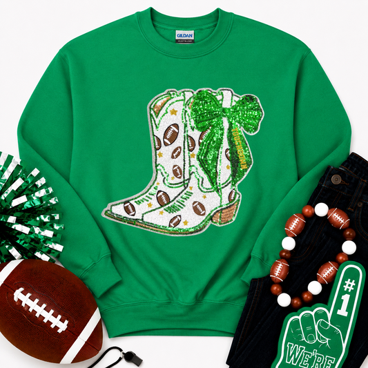 Football Touchdown Green Bow Boot Sequin Sweatshirt