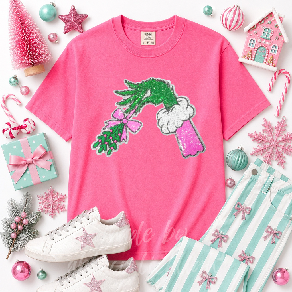 Grinch Hand Mistletoe Christmas Sequin Patch Tshirt