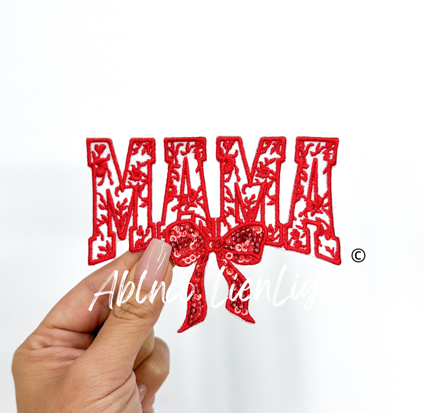 Red Floral Mama Sequins Bow Embroidery Patch