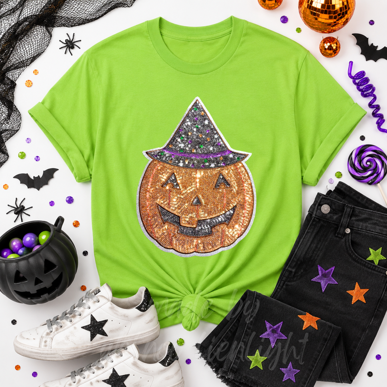 Witchy Pumpkin Halloween Sequin Patch Tshirt
