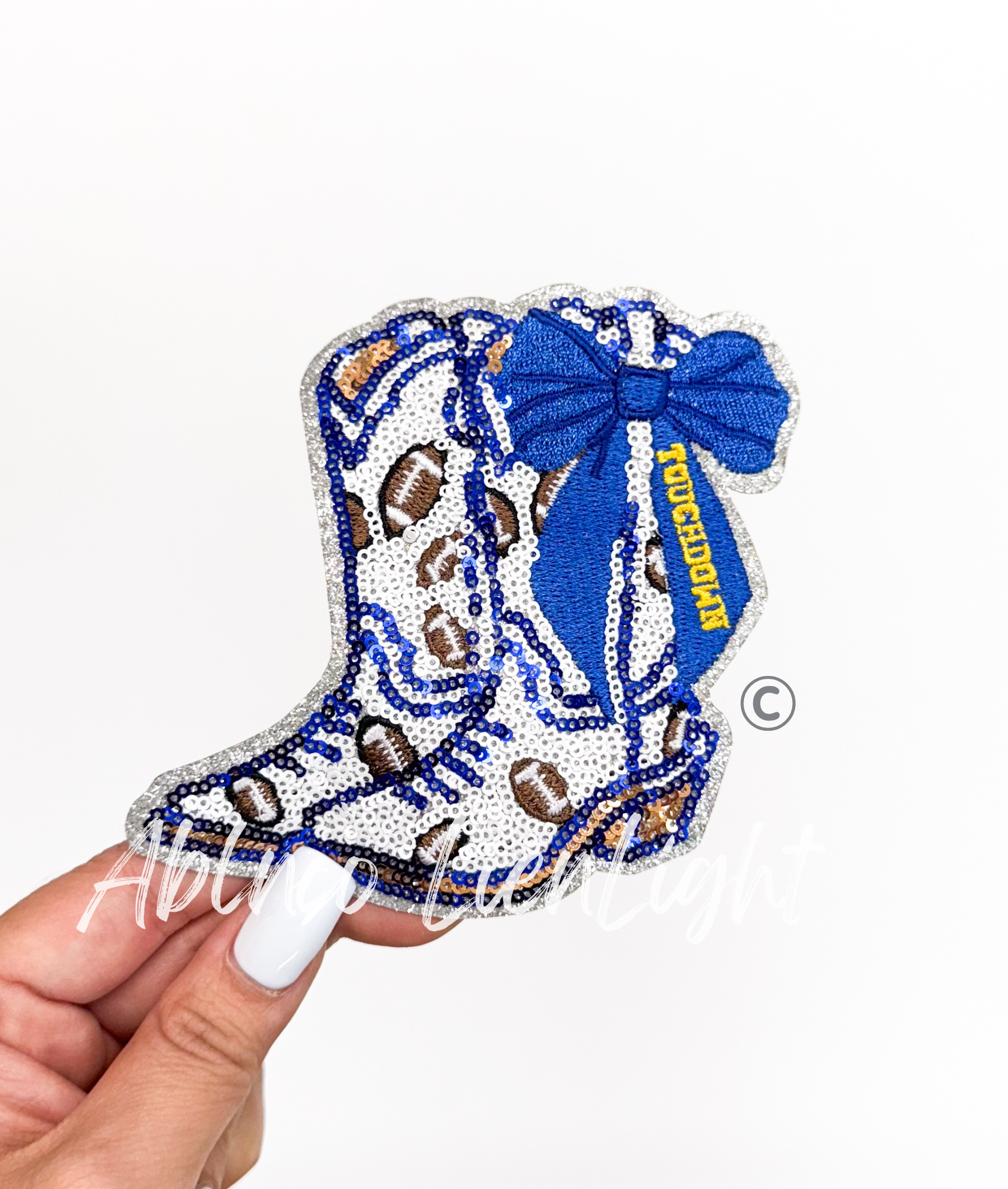 Football Touchdown Star Royal Blue Bow Boots Sequin Patch - Small – ABLNco