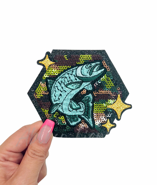 Camo Turquoise Fish Hunting Sequin Patch