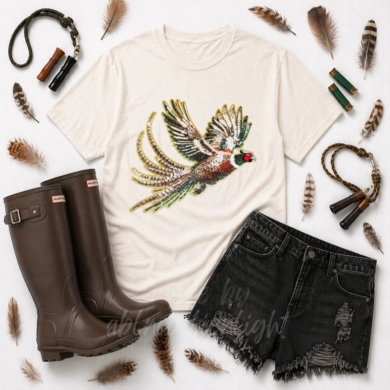 Pheasant Bird Hunting Sequin Patch Tshirt