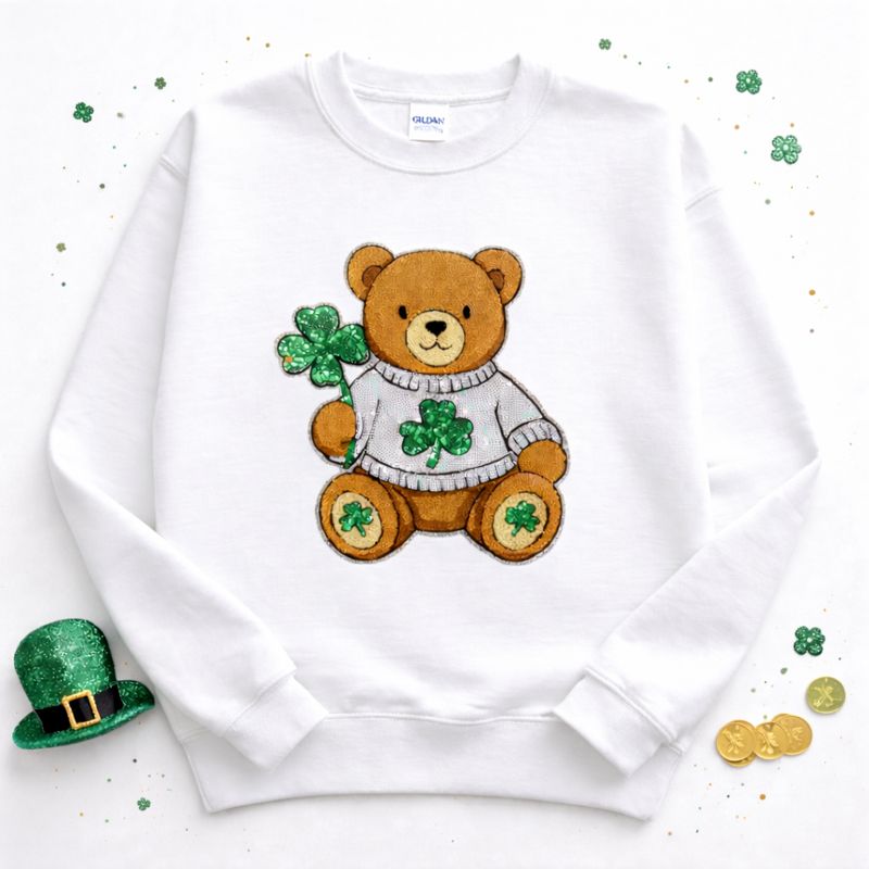 Shamrock Bear St Patricks Day Chenille Sequin Patch Sweatshirt
