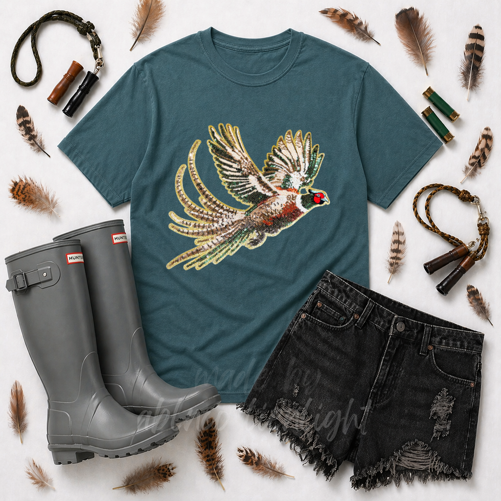 Pheasant Bird Hunting Sequin Patch Tshirt