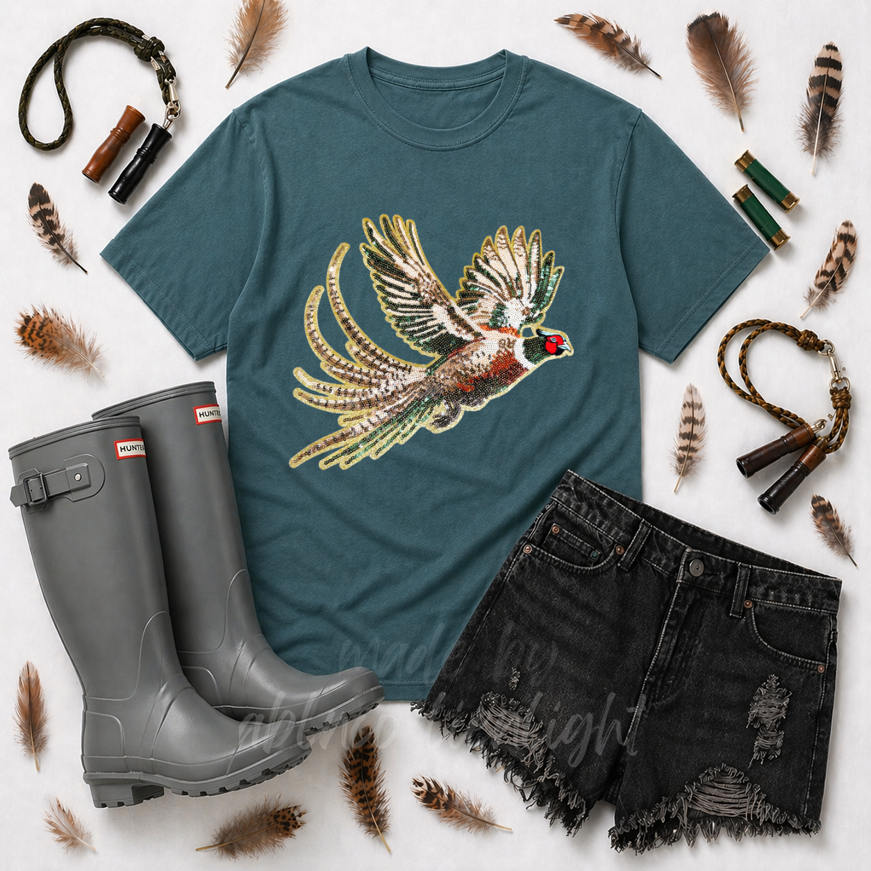 Pheasant Bird Hunting Sequin Patch Tshirt