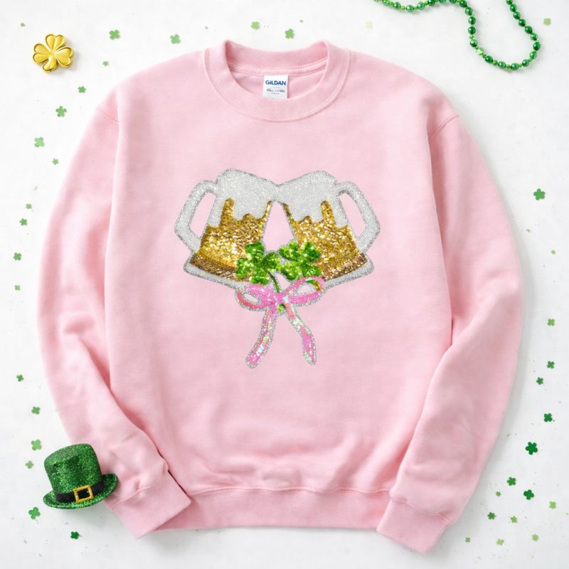 Boozy Bow Beer St Patricks Day Sequin Patch Sweatshirt