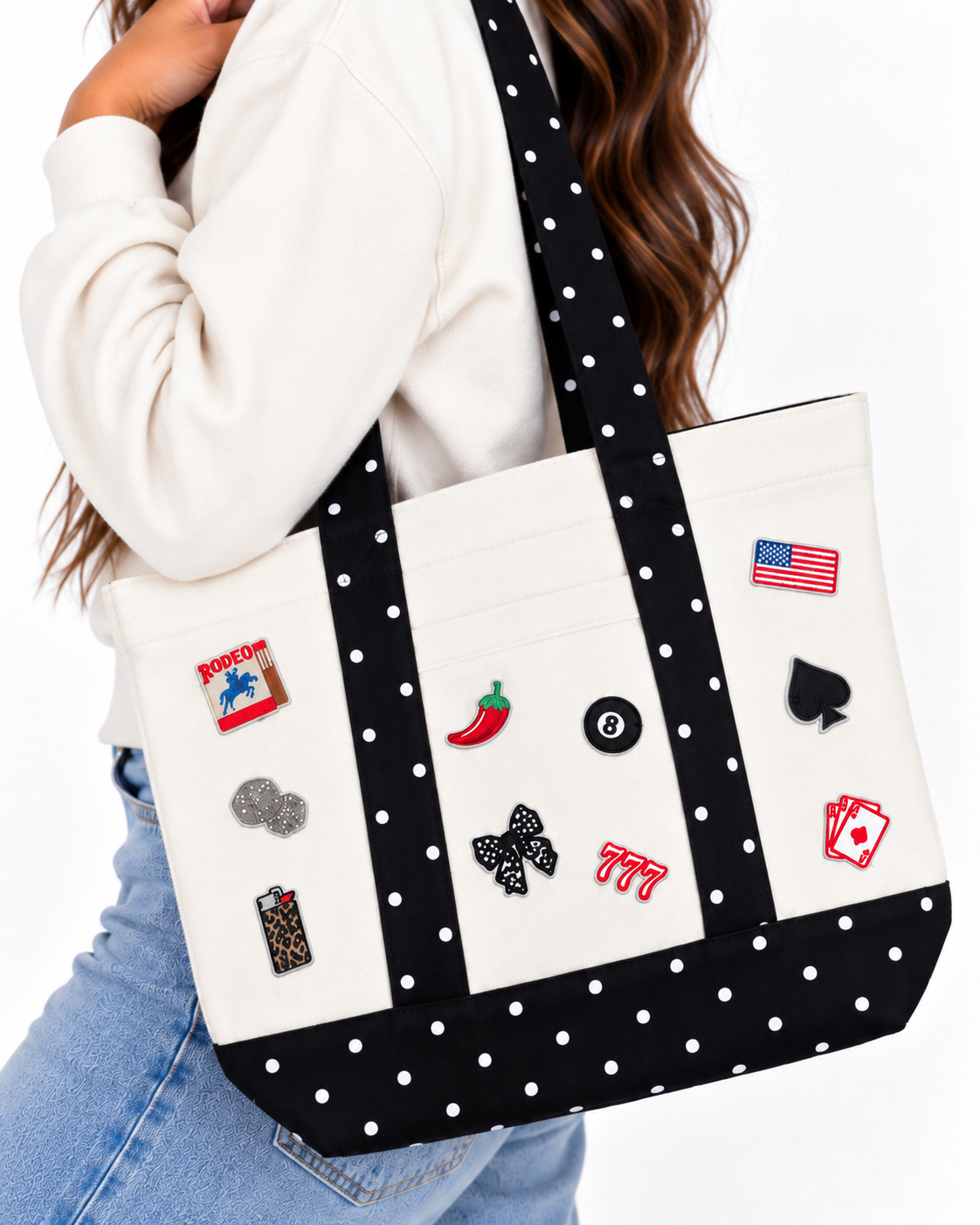 Black Polka Dot Canvas Large Tote Bag