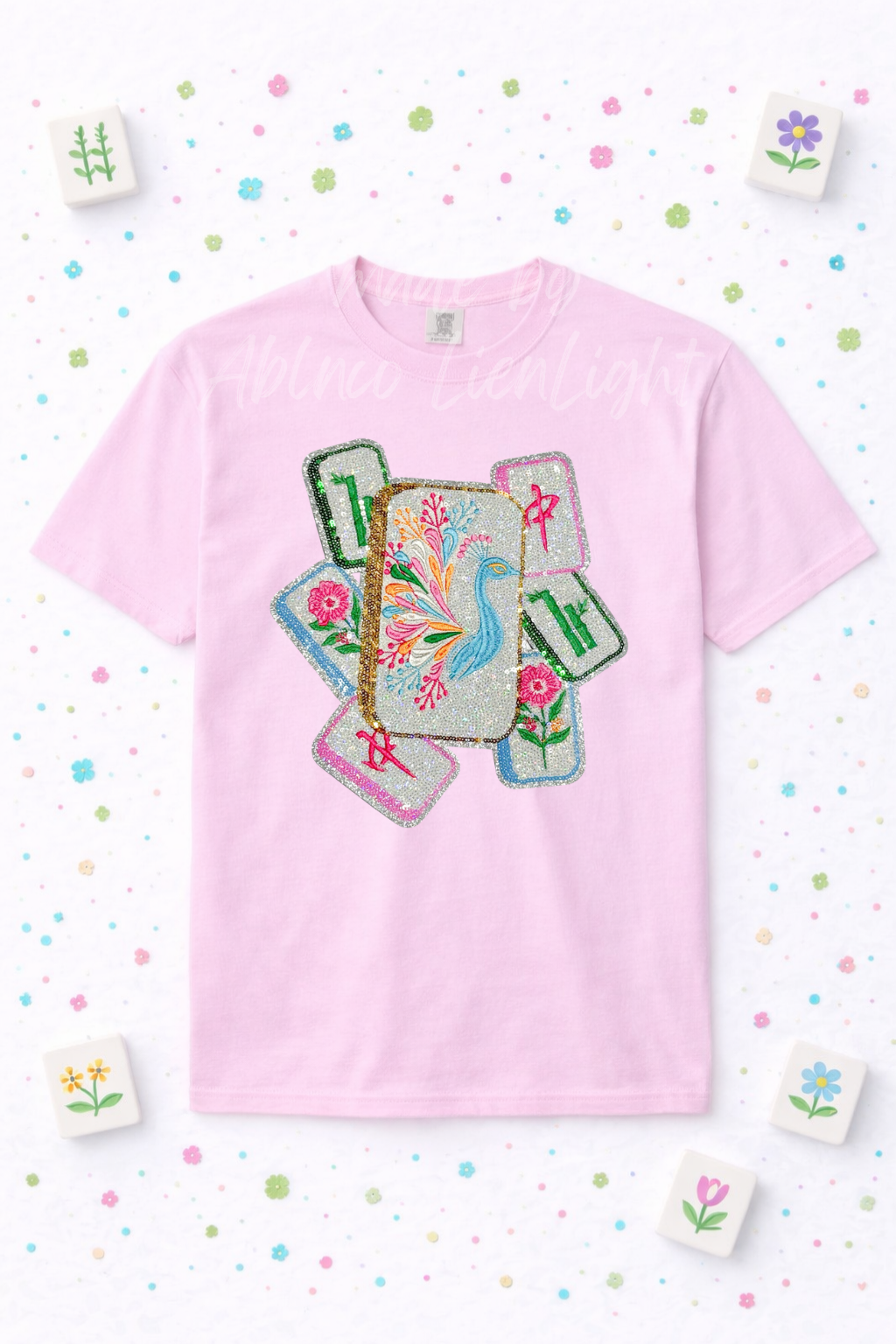Mahjong Peacock Tiles Sequin Patch Tshirt