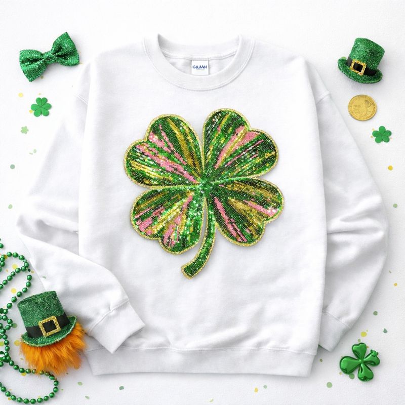 Colorful 4 Leaf Clover St Patricks Day Sequin Patch Sweatshirt