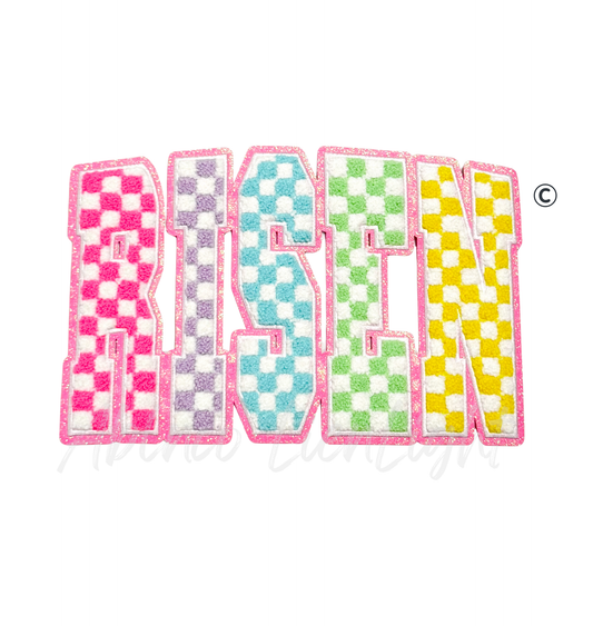 Colorful Checkered Risen Faith Easter 
Chenille Patch - Large