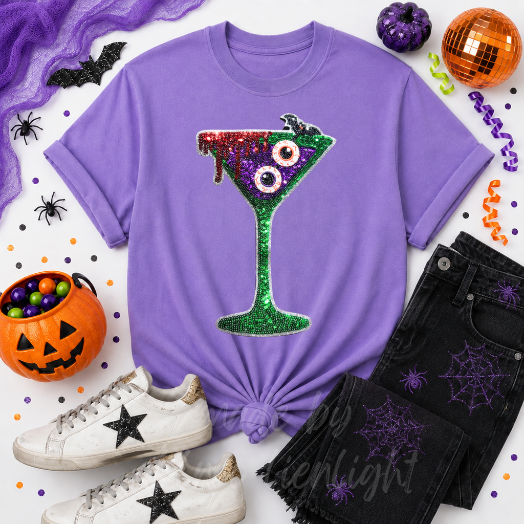 Bloody Eyeballs Martini Halloween Sequin Patch Tshirt