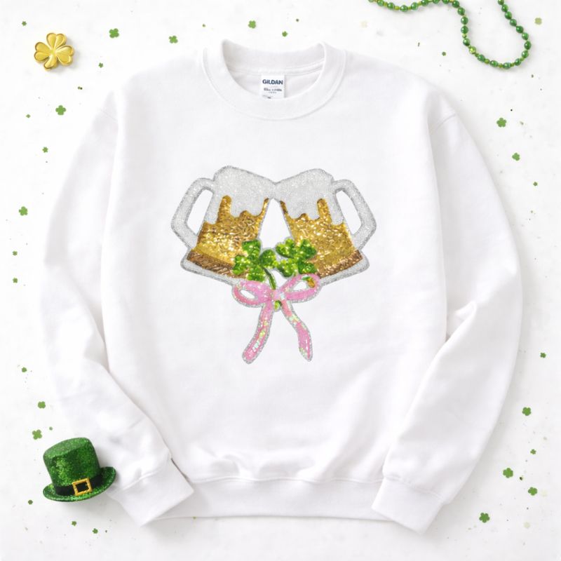 Boozy Bow Beer St Patricks Day Sequin Patch Sweatshirt