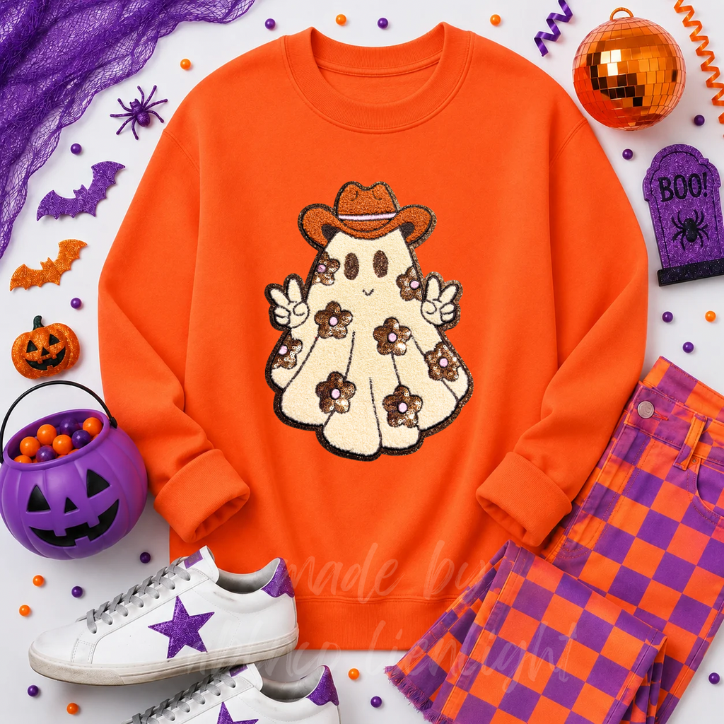 Floral Ghost Halloween Sequin Patch Sweatshirt