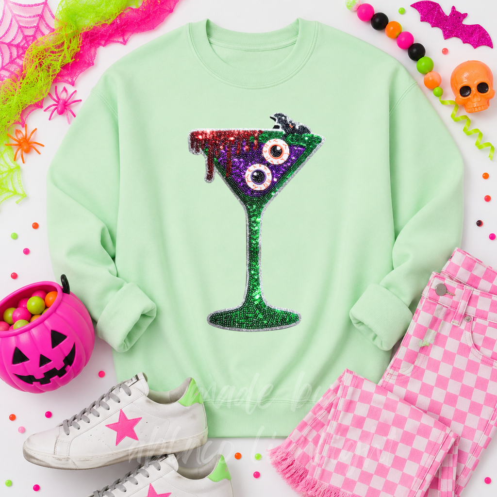 Bloody Eyeballs Martini Halloween Sequin Patch Sweatshirt