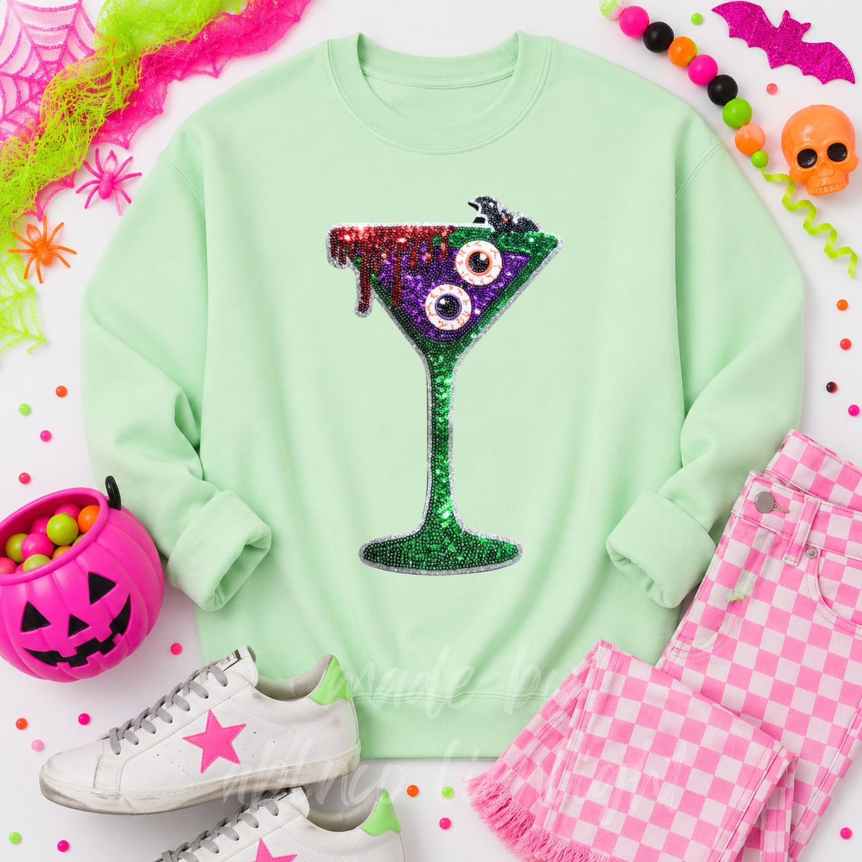 Bloody Eyeballs Martini Halloween Sequin Patch Sweatshirt