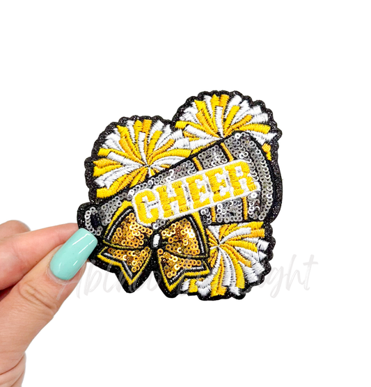 Gold Cheer Bow Megaphone Poms Sequin Patch - Small