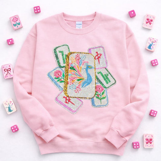 Mahjong Bird Game Tiles Sequin Patch Sweatshirt