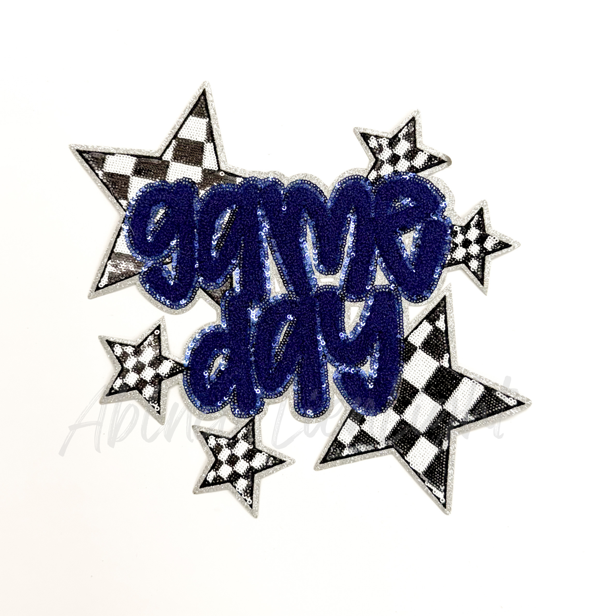 Navy Game Day Checkered Star Chenille Sequin Patch - Large