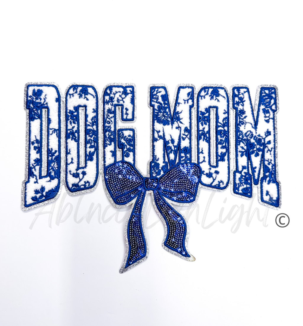 Blue Floral Grand Millennial Dog Mom Bow Chenille Sequin Patch