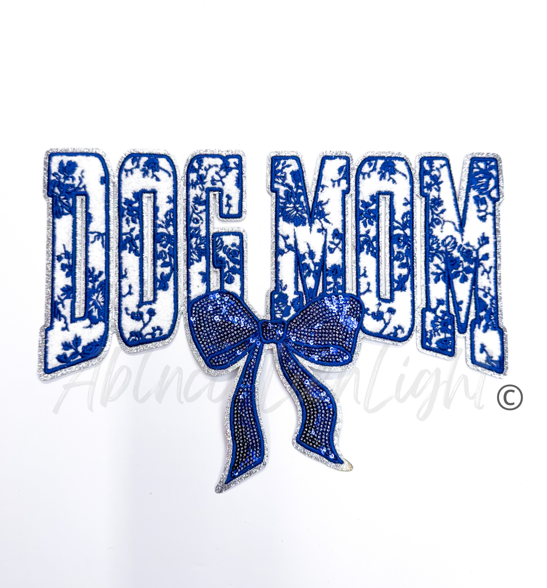 Blue Floral Grand Millennial Dog Mom Bow Chenille Sequin Patch