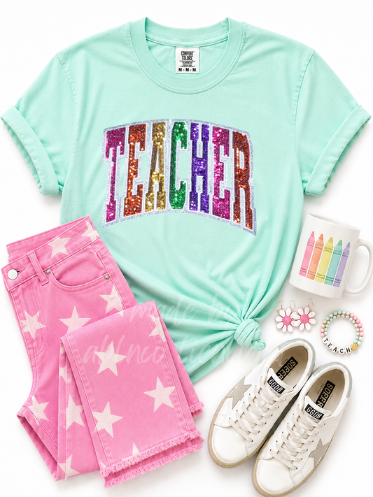 Colorful Teacher Sequin Patch Tshirt