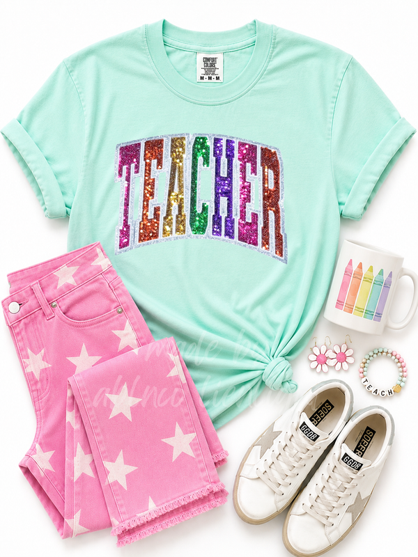 Colorful Teacher Sequin Patch Tshirt