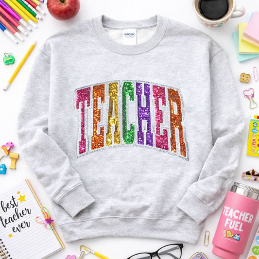 Colorful Teacher Sequin Patch Sweatshirt
