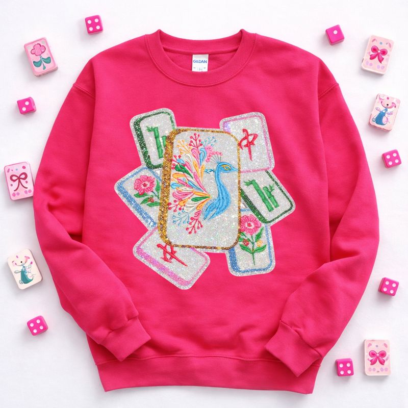 Mahjong Bird Game Tiles Sequin Patch Sweatshirt