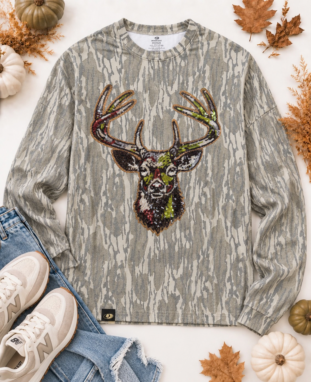 Great Outdoors Hunting Patch Mossy Oak Bottomland Cotton Mill Long Sleeve Tshirt