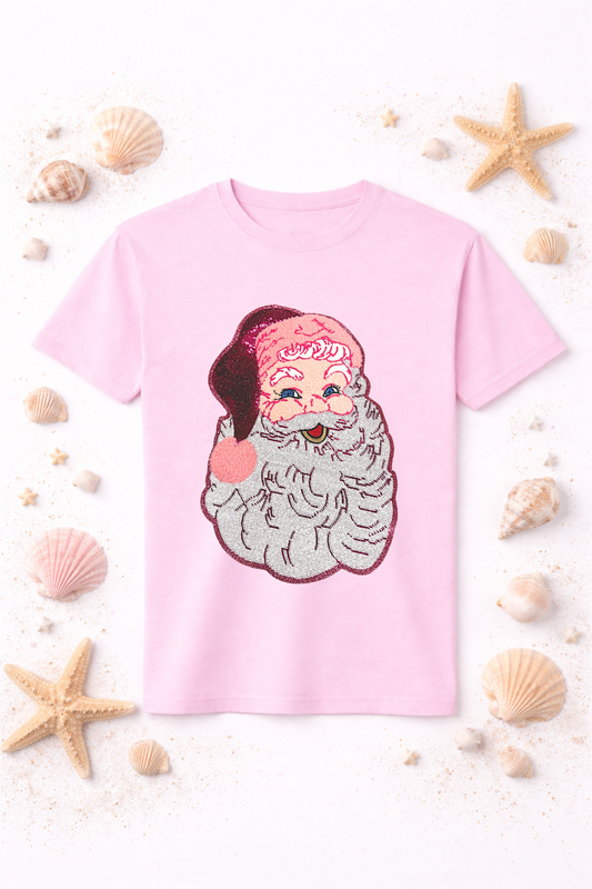 Preppy Pink Santa Sequins Christmas Patch Tshirt