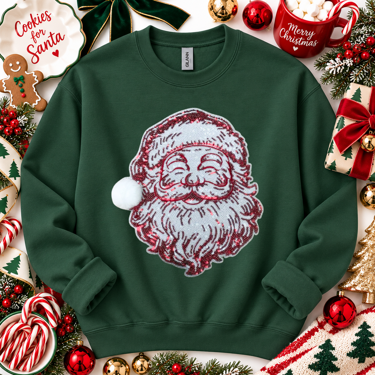 Red Vintage Santa Fuzzy Poof Ball Christmas Sequin Patch Sweatshirt