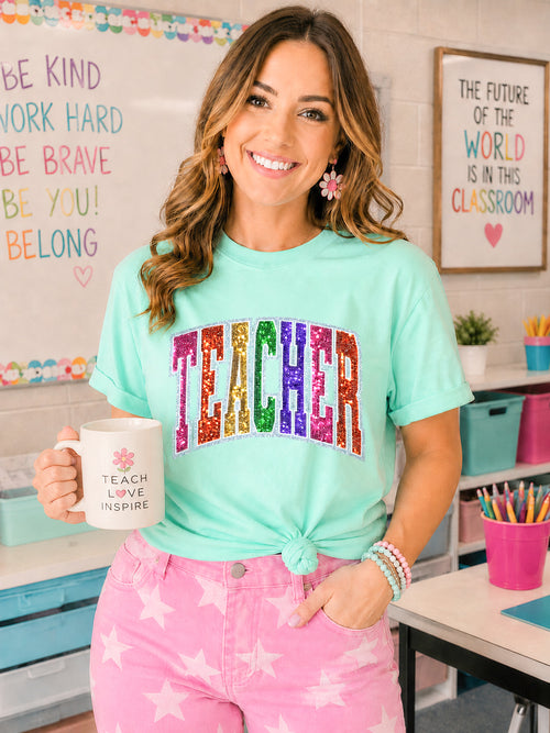 Colorful Teacher Sequin Patch Tshirt