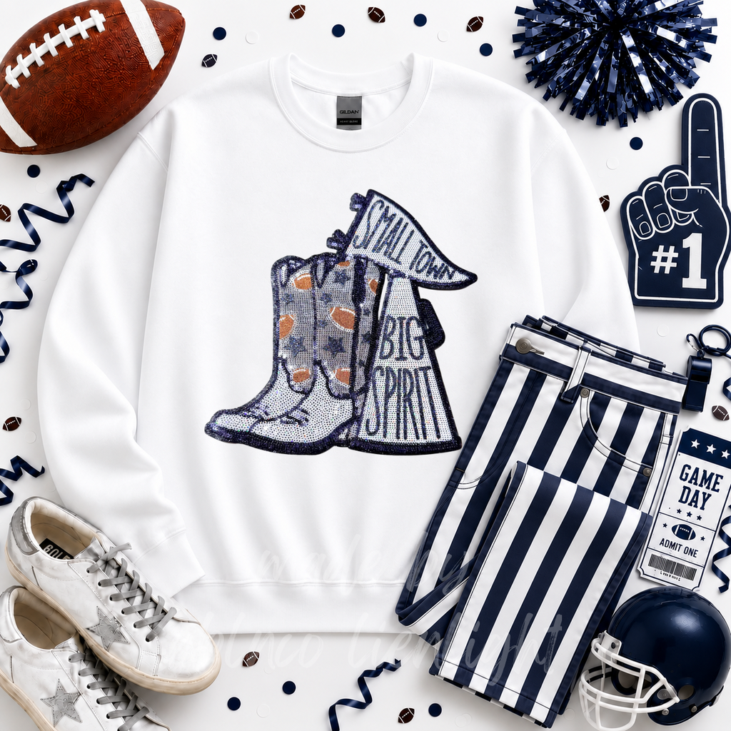 Navy Blue Small Town Big Spirit Football Sequin Patch - Large