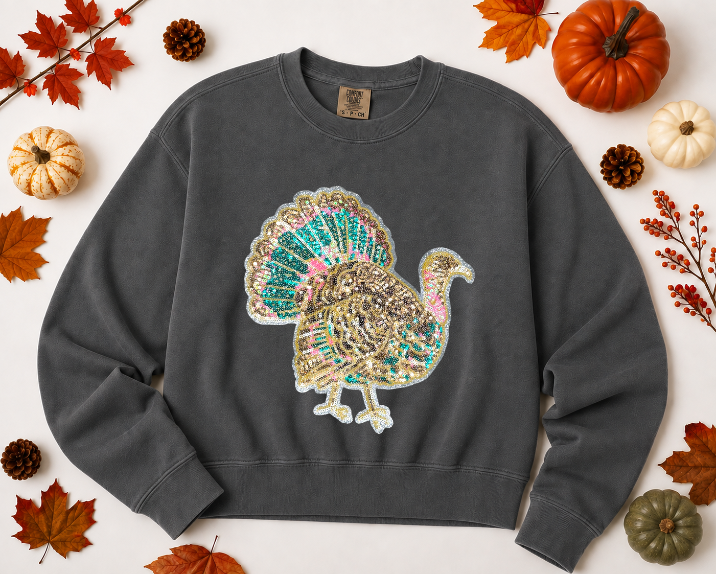 Colorful Turkey Thanksgiving Fall Sequin Patch Mid Length Sweatshirt