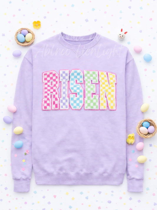 Colorful Checkered Risen Faith Easter Chenille Patch Sweatshirt