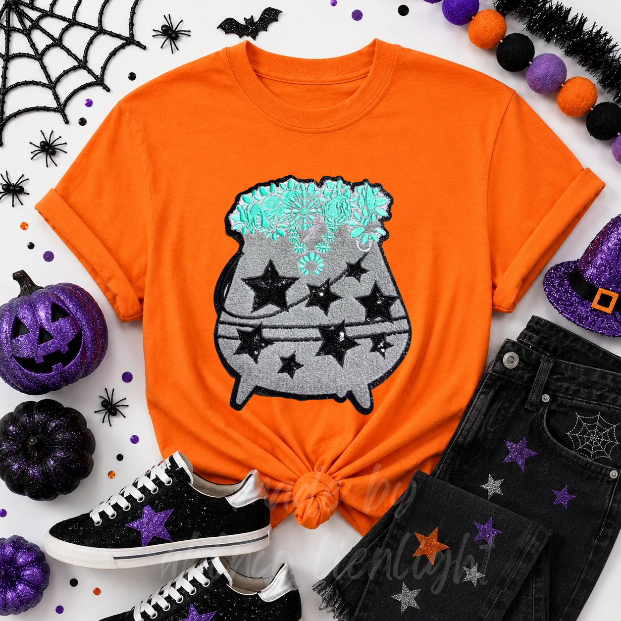 Turquoise Cauldron Halloween Sequin Patch Tshirt
