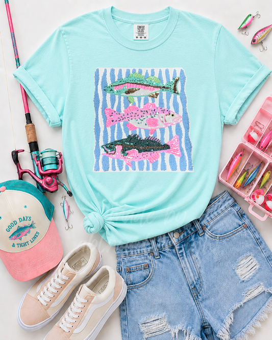Pink & Teal Fish Trio Summer Sequin Patch Tshirt