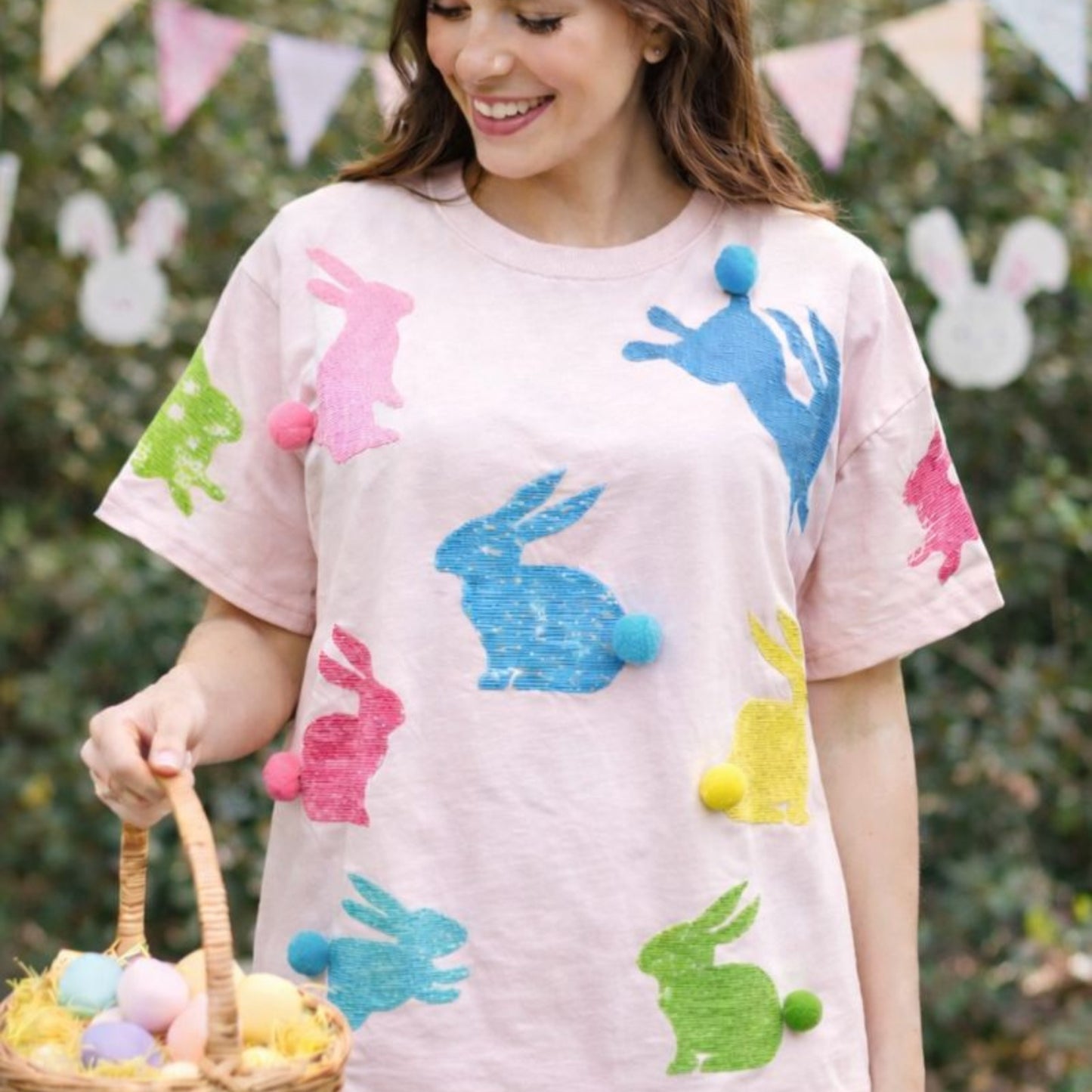 Pink Easter Sequins Poof Bunnies Tee PREORDER