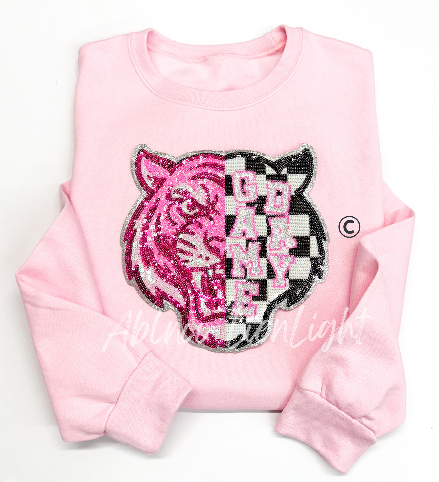 Preppy Pink Checkered Tiger Mascot Game Day Sequin Patch