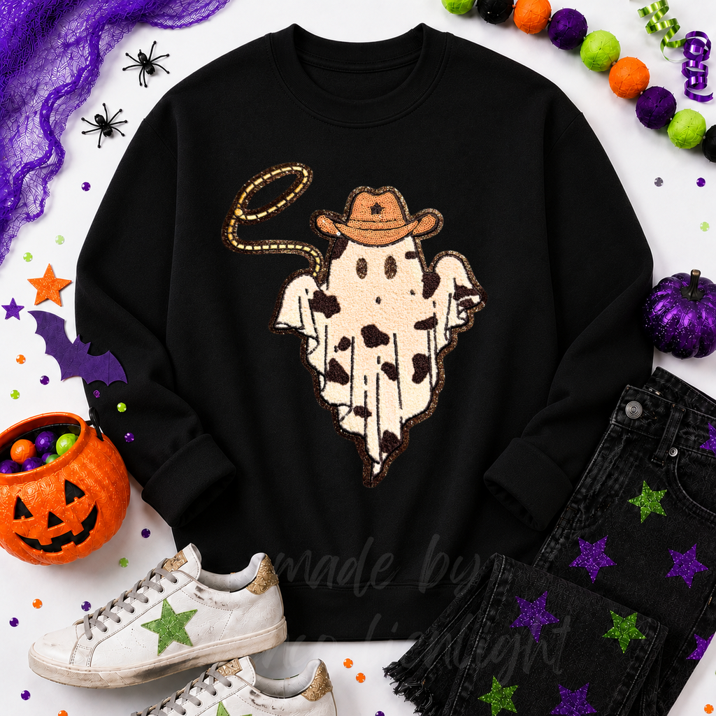 Cowboy Robe Ghost Halloween Sequin Patch Sweatshirt