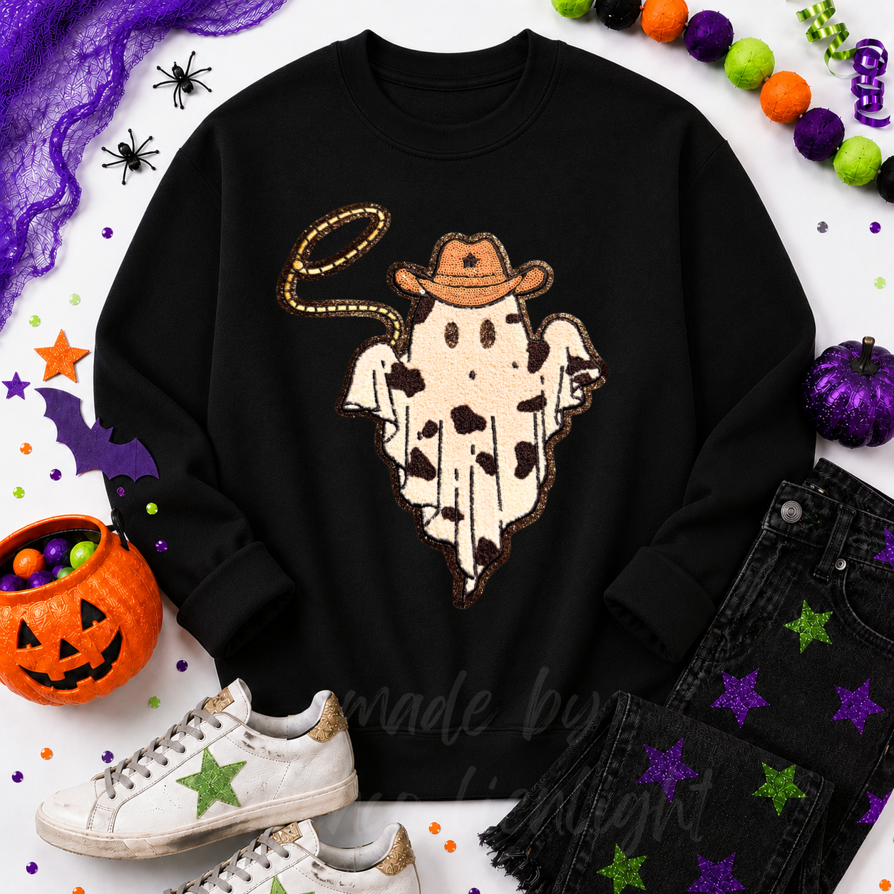 Cowboy Robe Ghost Halloween Sequin Patch Sweatshirt