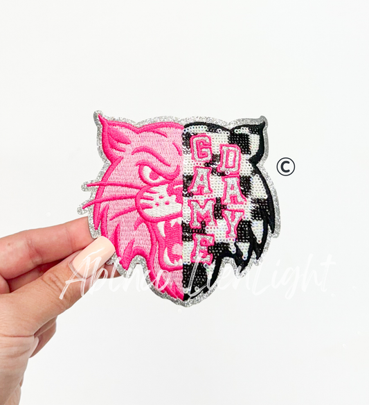 Preppy Pink Checkered Wildcat Mascot Game Day Sequin Patch - Small