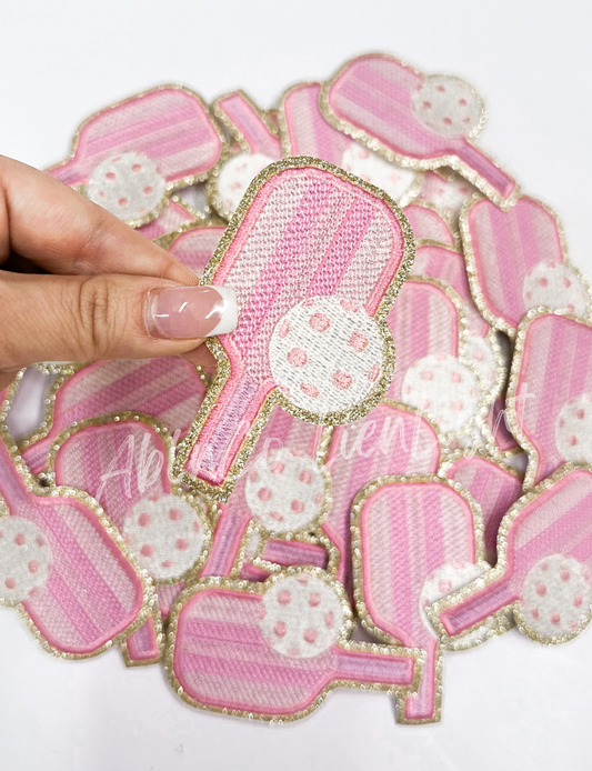 Preppy Pink Pickleball Paddle Glitter Embroidery Patch
